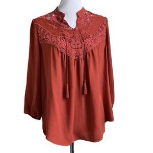 Xhilaration Boho Reddish Orange Lace Pullover Peasant Top (Size: Large)
